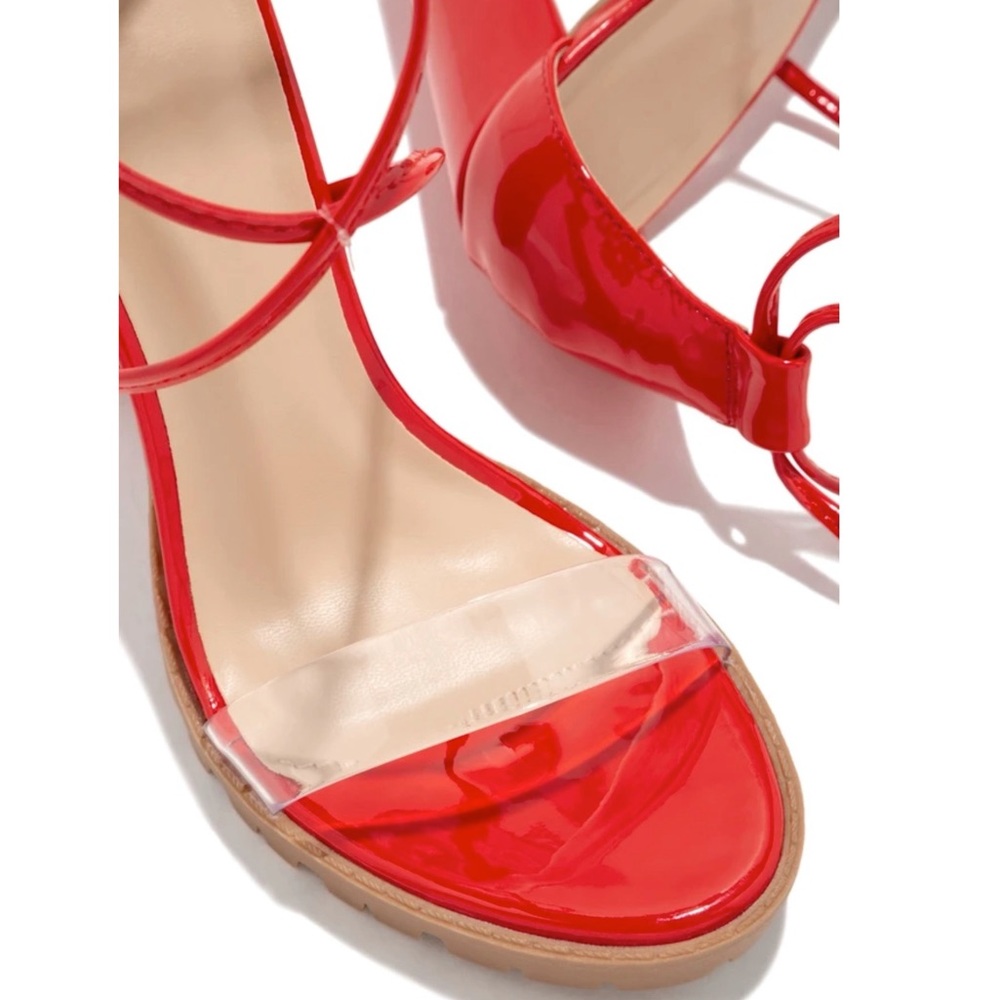 Red Clear Strap Lace Up Block Heels - Picture 4 of 8